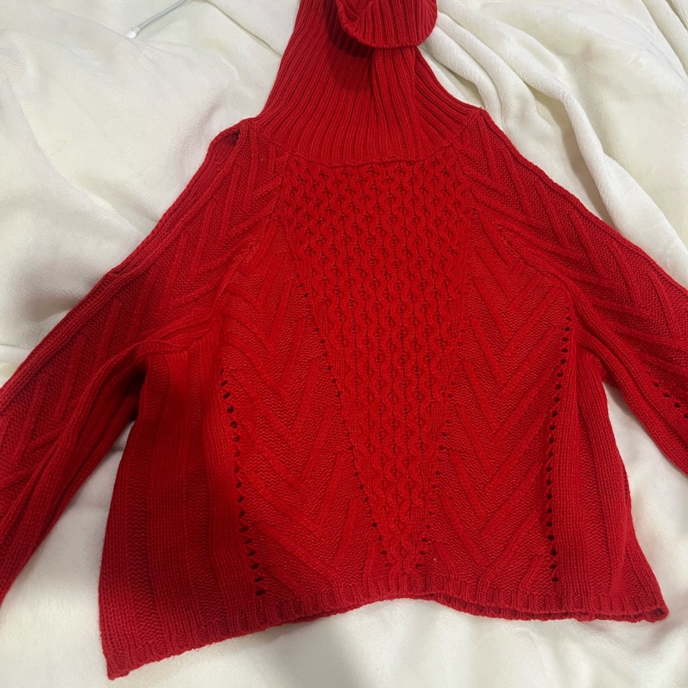 Red Cable Knit Turtleneck Sweater